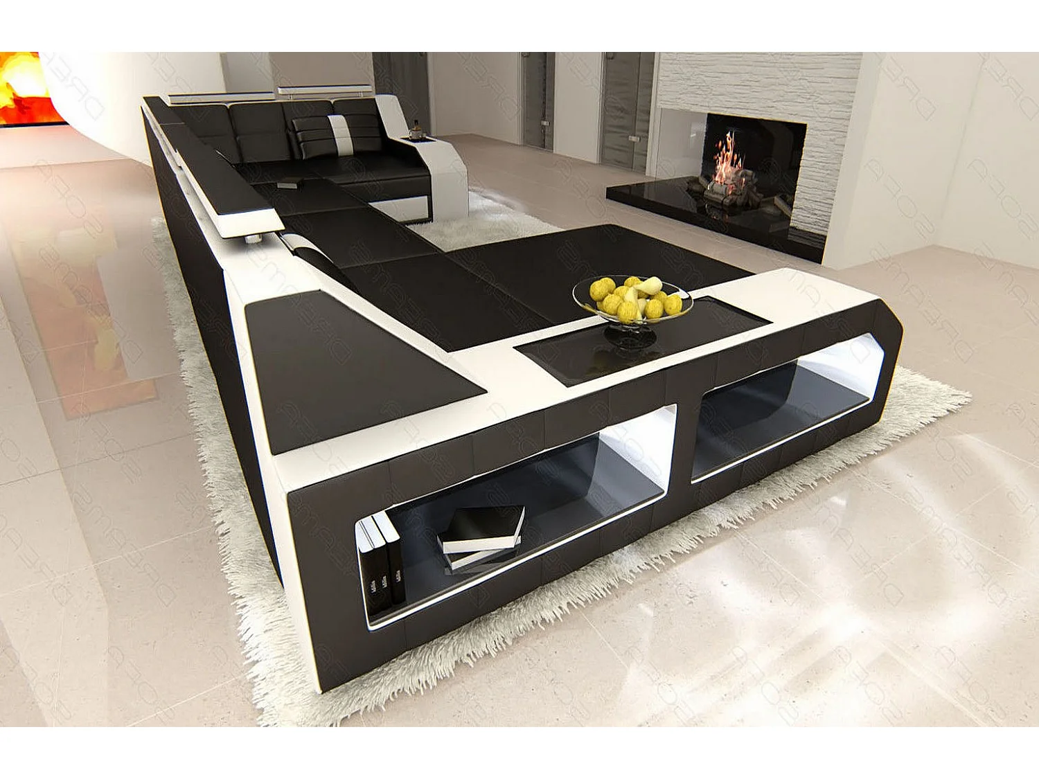 Sofa Arezzo U Leder Ledermix Schwarz Weiß Links