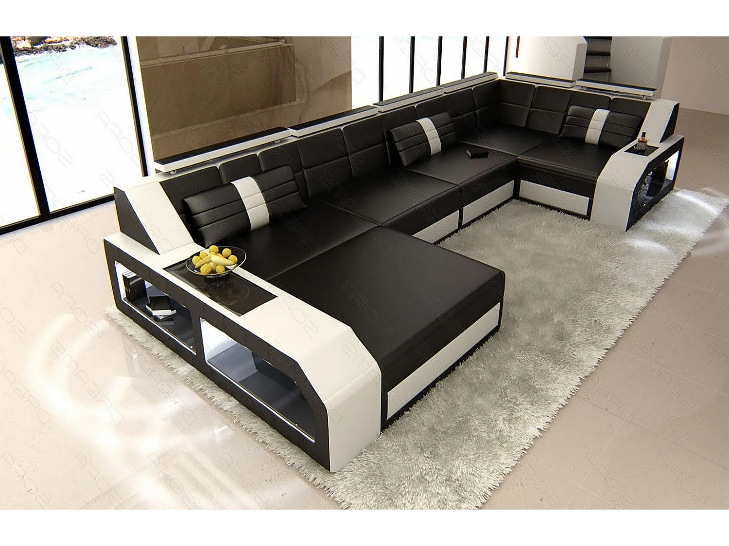 Sofa Arezzo U Leder Ledermix Schwarz Weiß Links