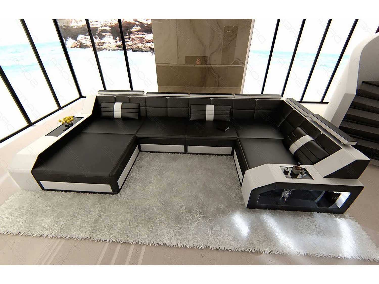 Sofa Arezzo U Leder Ledermix Schwarz Weiß Links