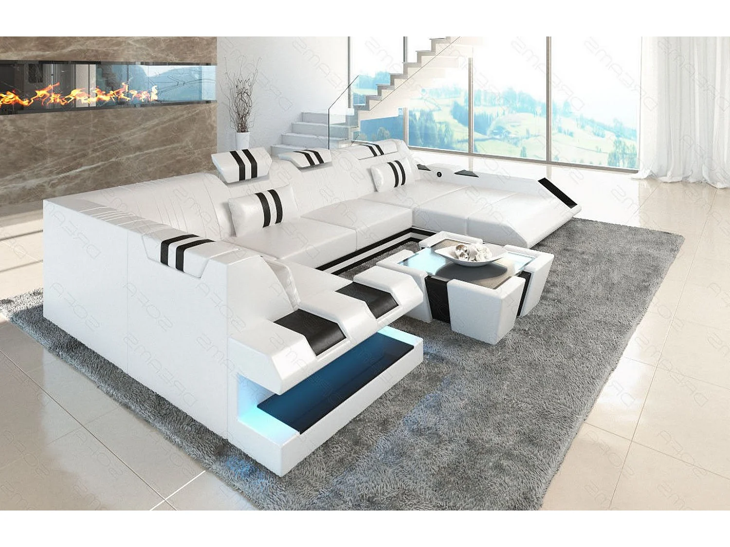 Ledersofa Apollonia U Form EM Weiß Schwarz Rechts