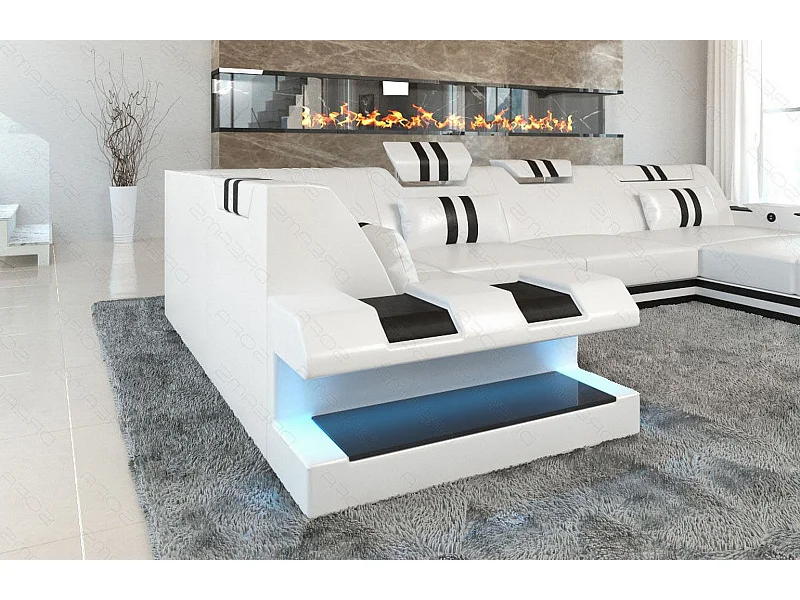 Ledersofa Apollonia U Form EM Weiß Schwarz Rechts