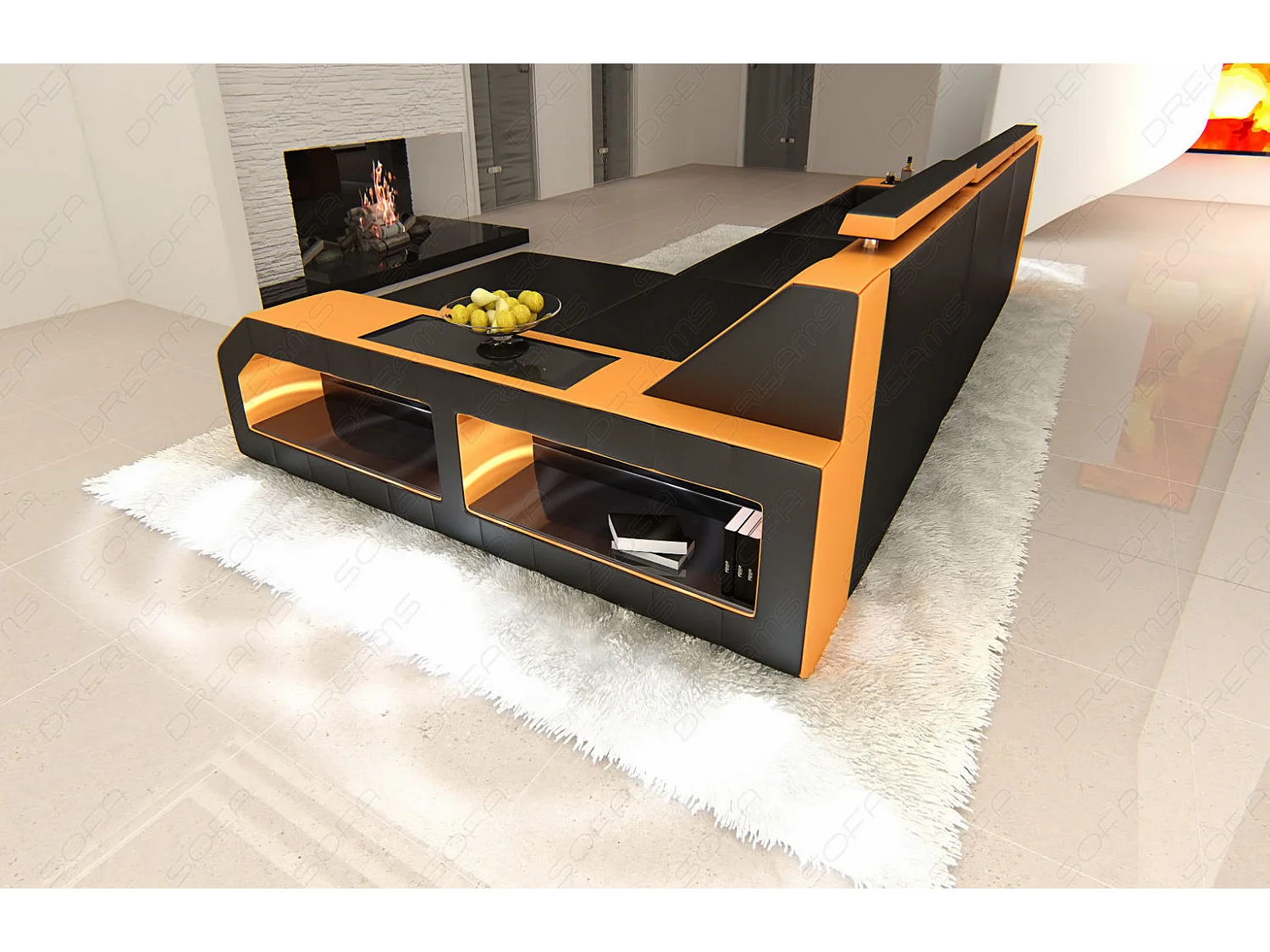 Ecksofa Arezzo Leder Kunstleder Schwarz Orange Rechts