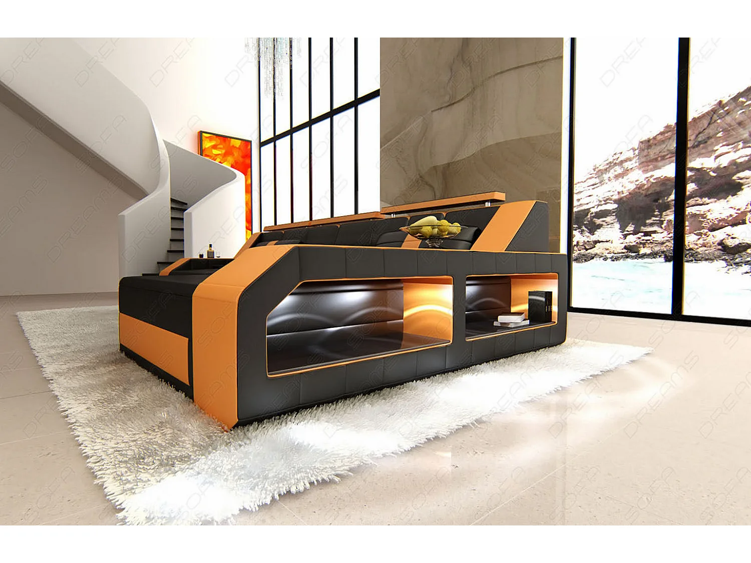 Ecksofa Arezzo Leder Kunstleder Schwarz Orange Rechts