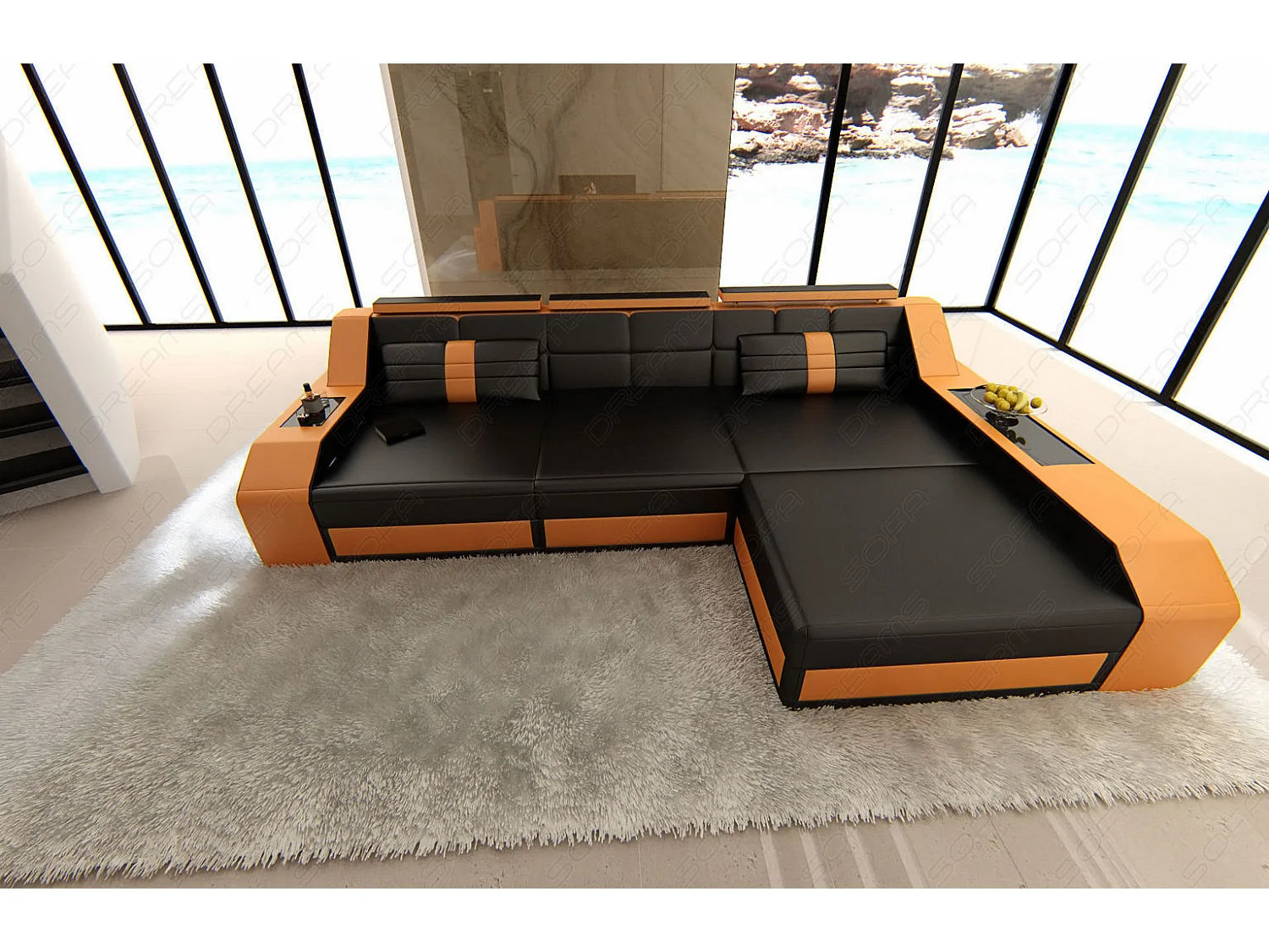 Ecksofa Arezzo Leder Kunstleder Schwarz Orange Rechts