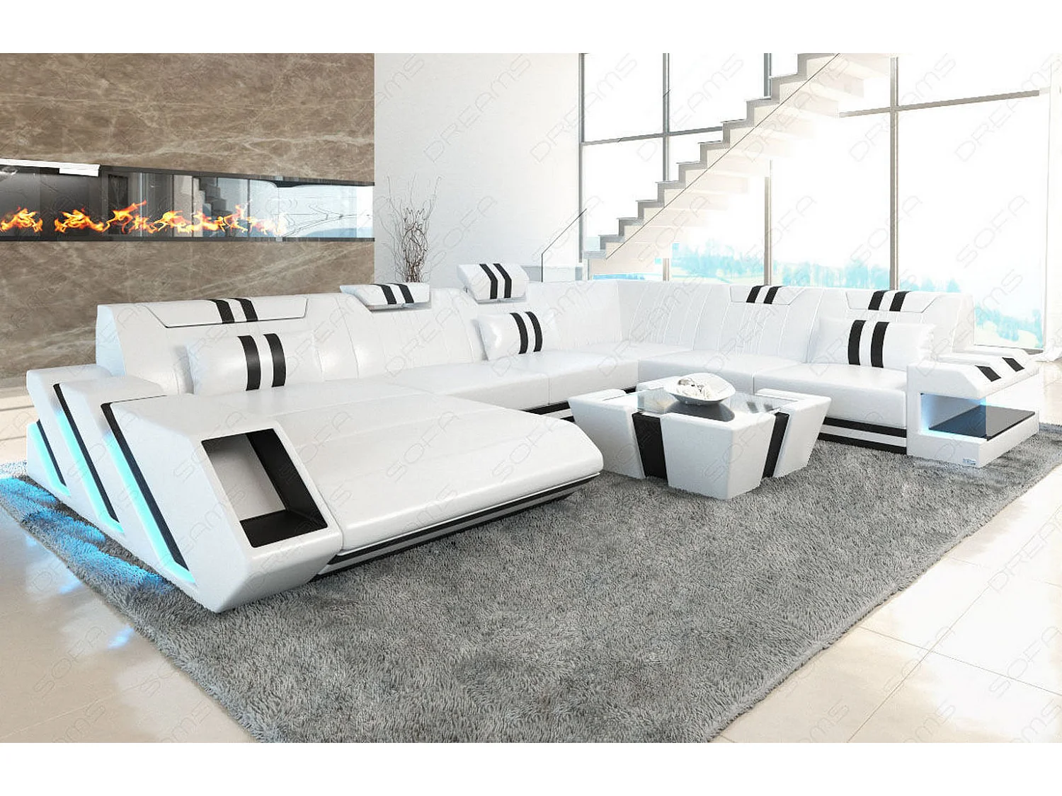 XXL Leder Wohnlandschaft Apollonia EM Weiß Schwarz Links