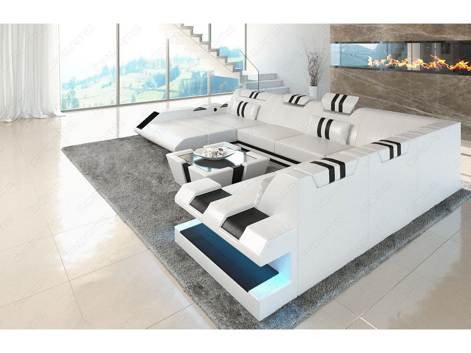 XXL Leder Wohnlandschaft Apollonia EM Weiß Schwarz Links