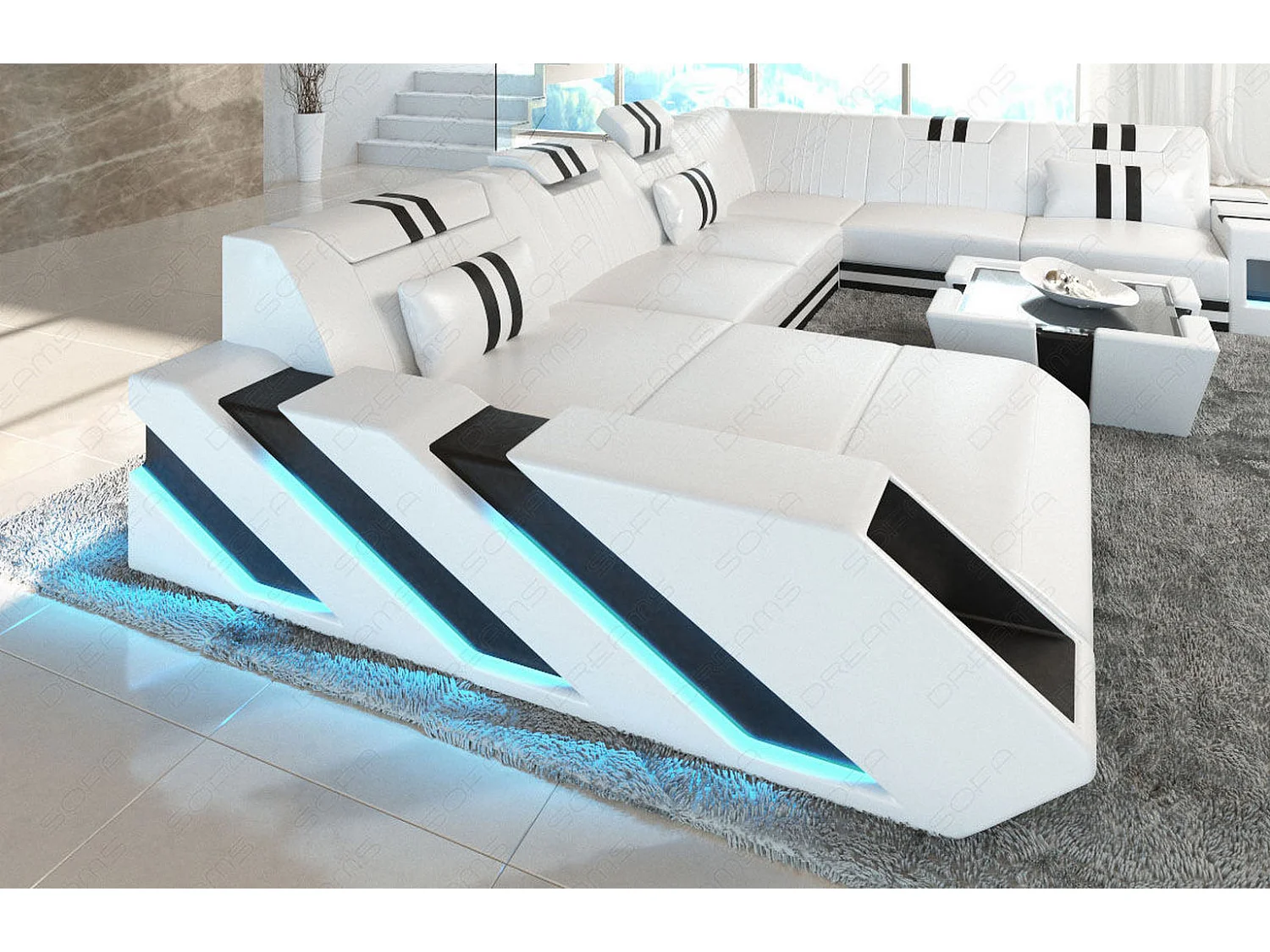 XXL Leder Wohnlandschaft Apollonia EM Weiß Schwarz Links