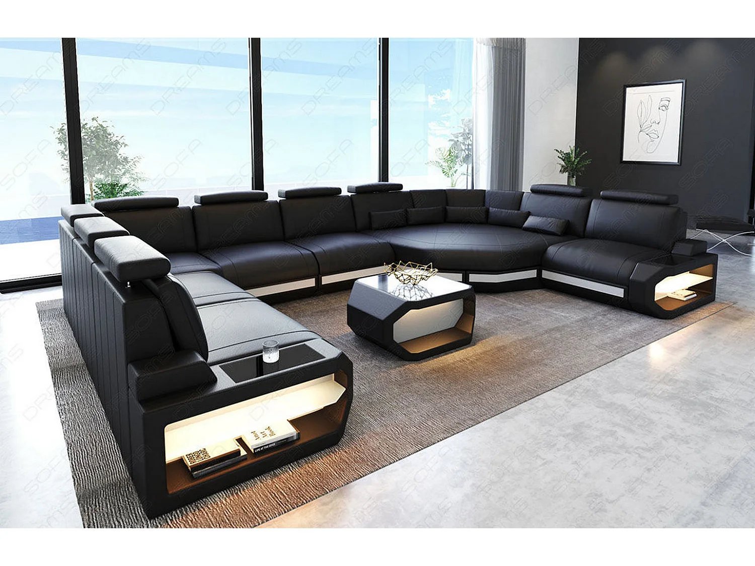 Sofa Asti U Leder Kunstleder Schwarz Weiß Links