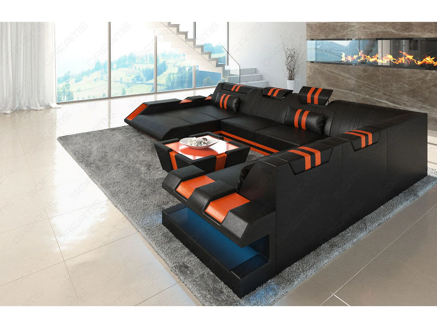 XXL Leder Wohnlandschaft Apollonia BL Schwarz Orange Links