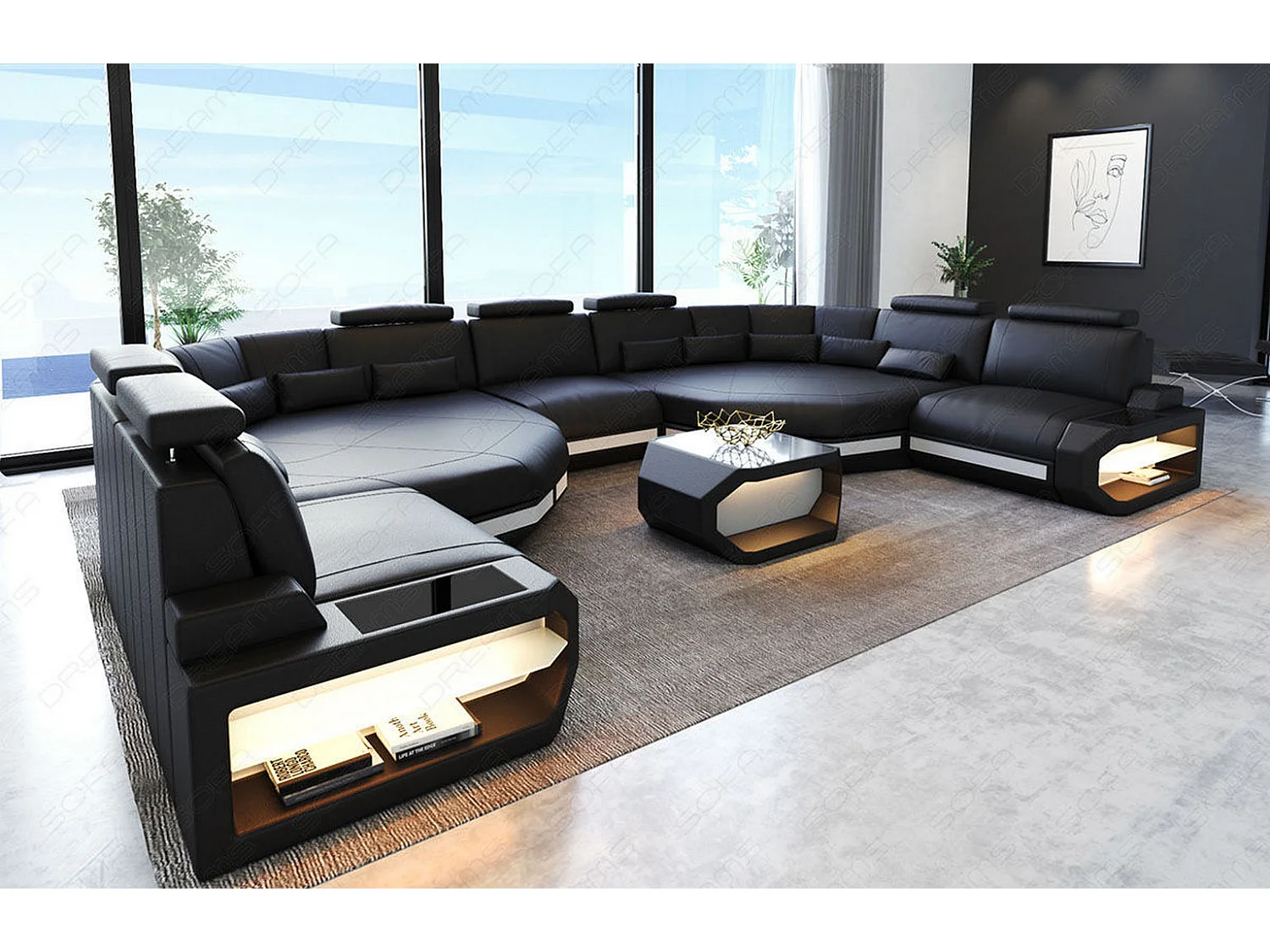 XXL Sofa Asti Leder Kunstleder Schwarz Weiß