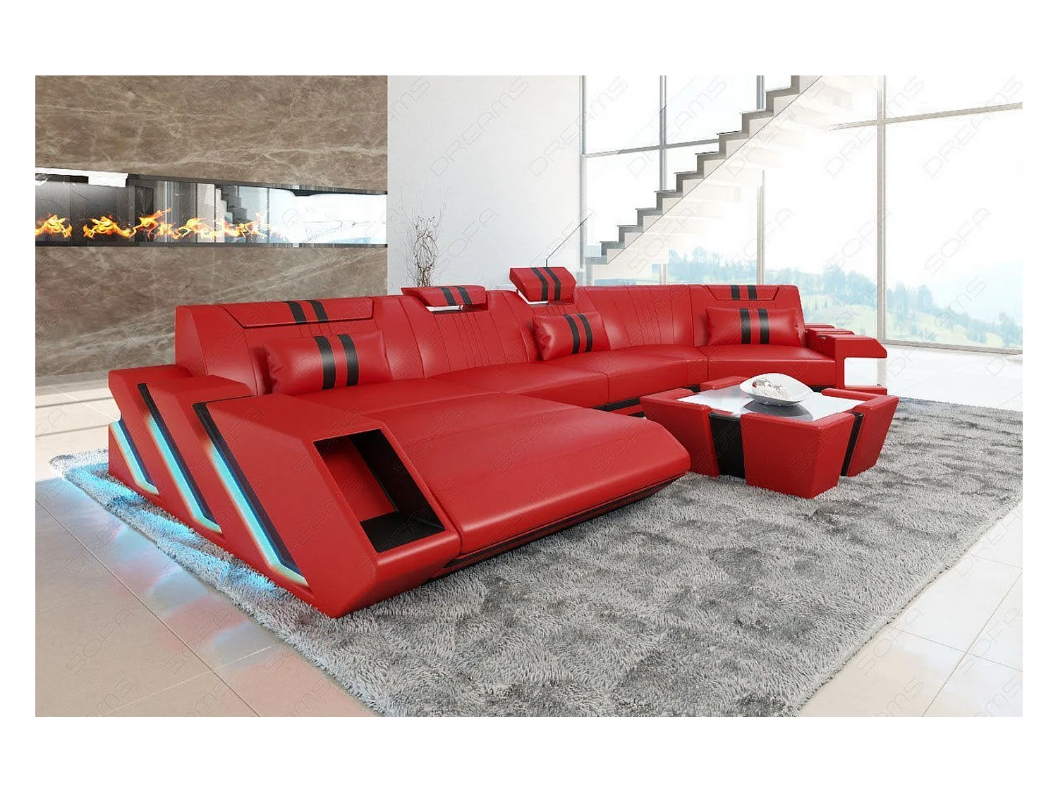 Ledersofa Apollonia C Form Ledermix Echt/Kunstleder Rot Schwarz Links