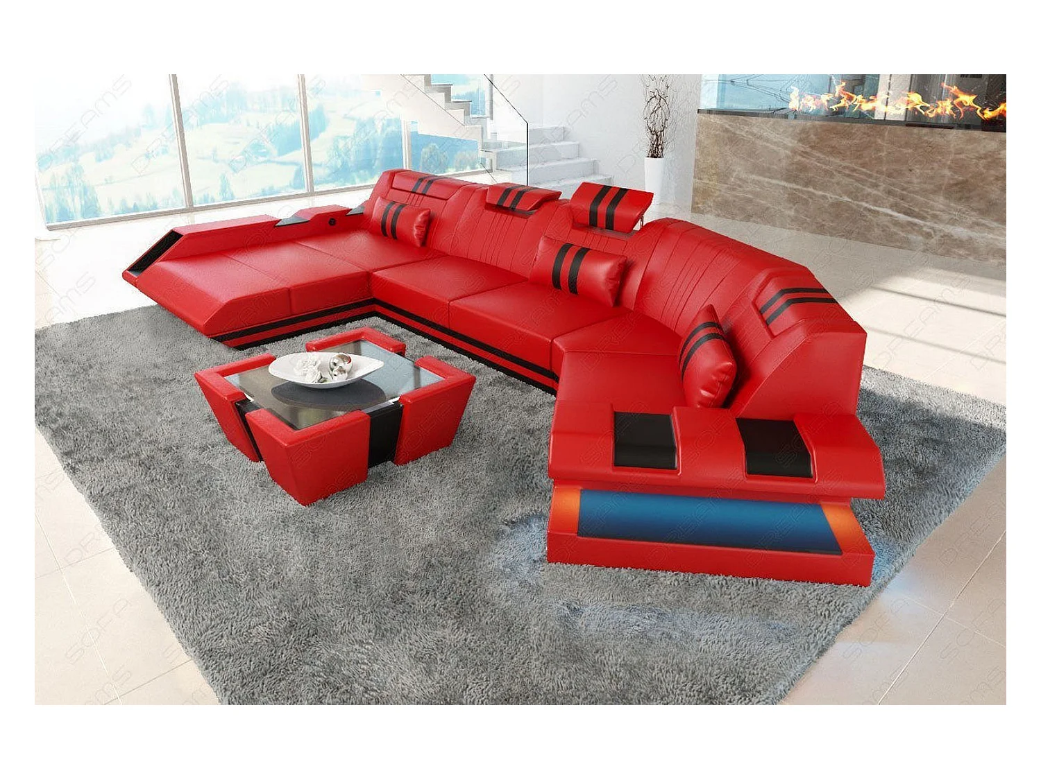 Ledersofa Apollonia C Form Ledermix Echt/Kunstleder Rot Schwarz Links