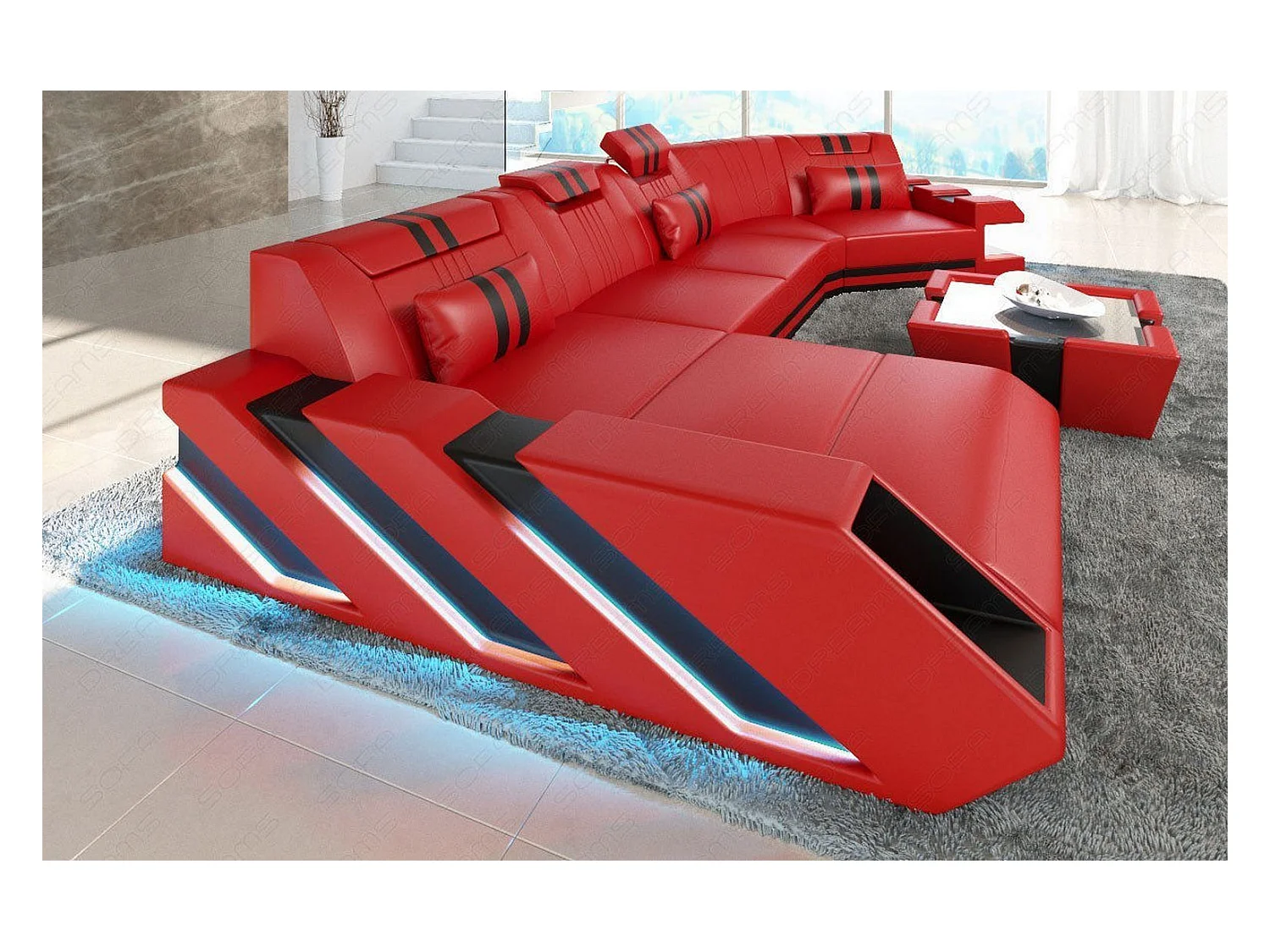 Ledersofa Apollonia C Form Ledermix Echt/Kunstleder Rot Schwarz Links