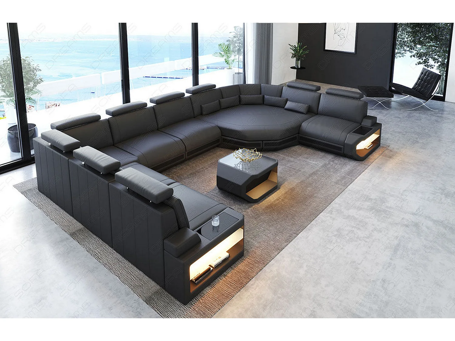 Sofa Asti U Leder Kunstleder Grau Schwarz Links