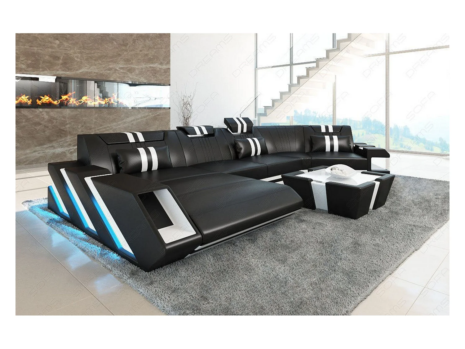 Ledersofa Apollonia C Form Premium Kunstleder Schwarz Weiß Links