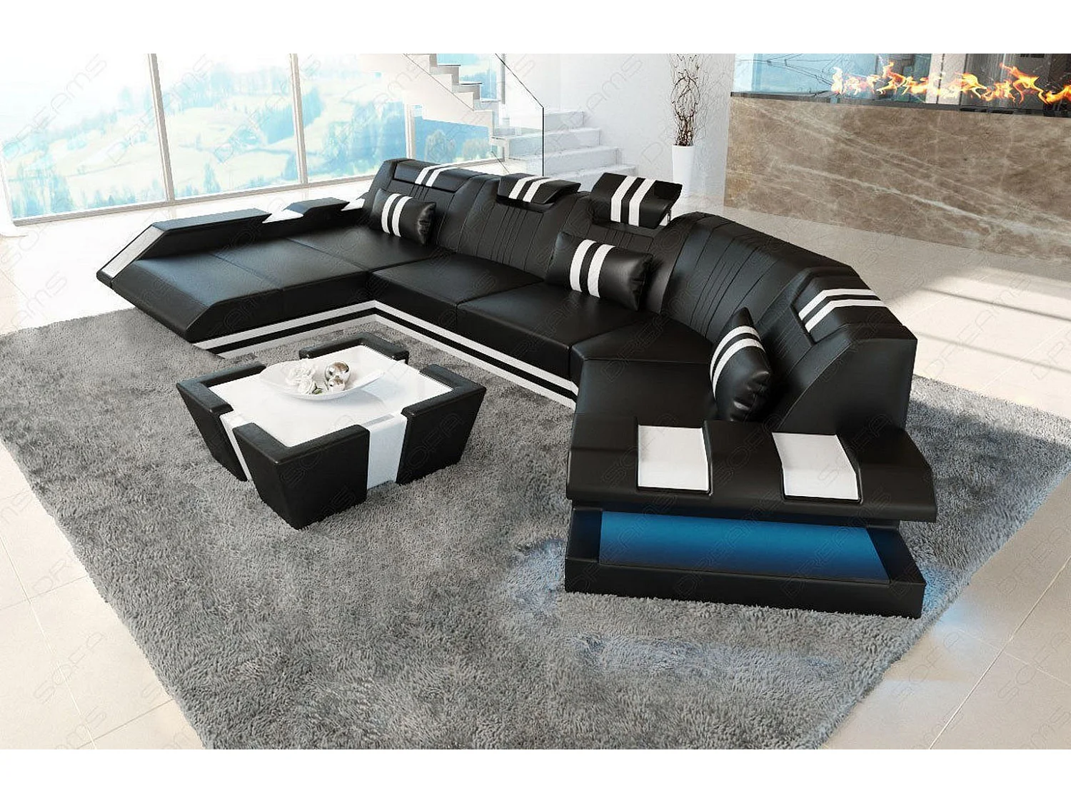 Ledersofa Apollonia C Form Premium Kunstleder Schwarz Weiß Links