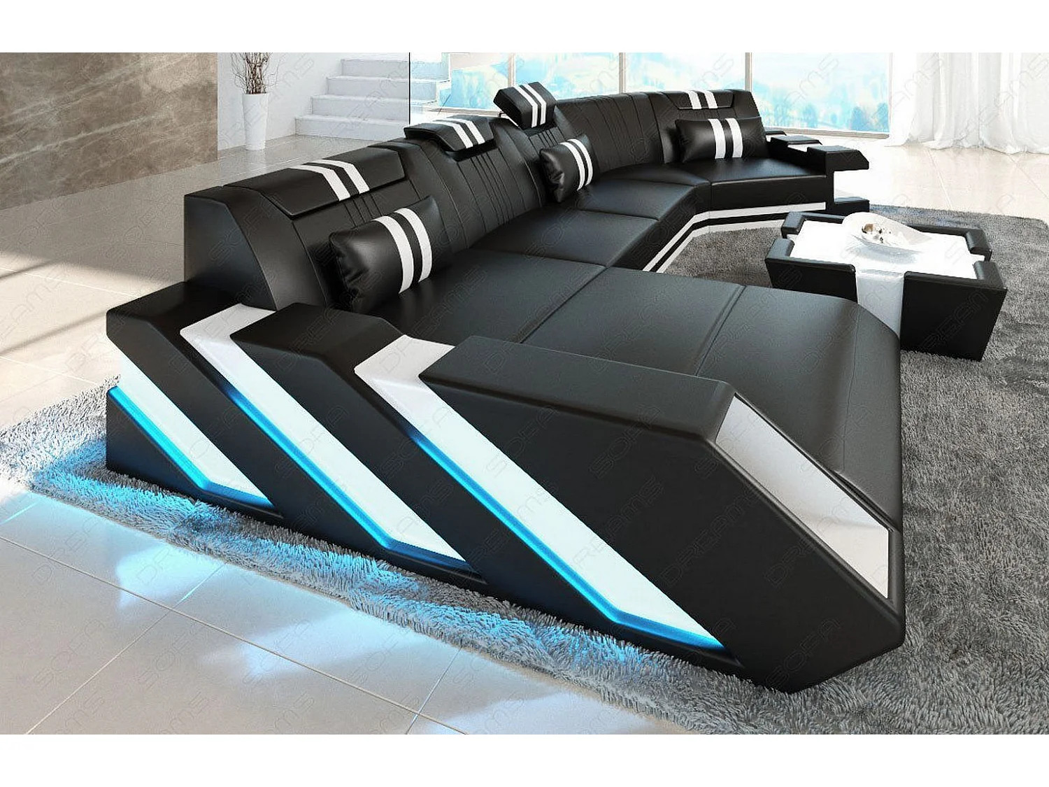 Ledersofa Apollonia C Form Premium Kunstleder Schwarz Weiß Links