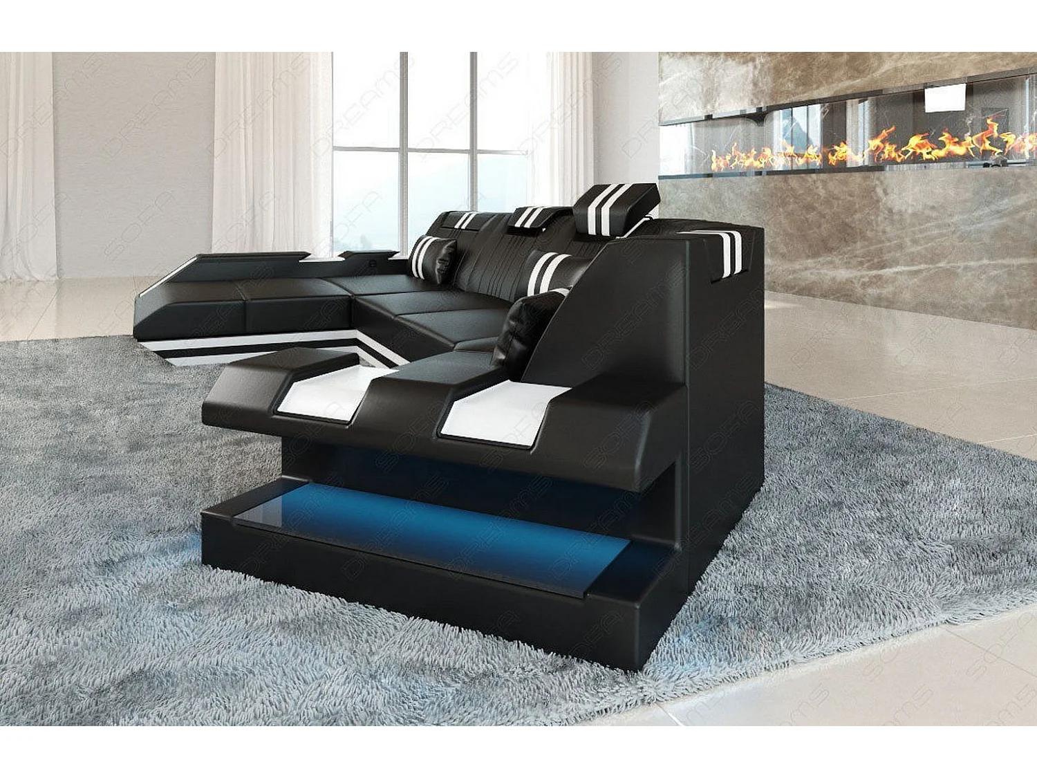 Ledersofa Apollonia C Form Premium Kunstleder Schwarz Weiß Links