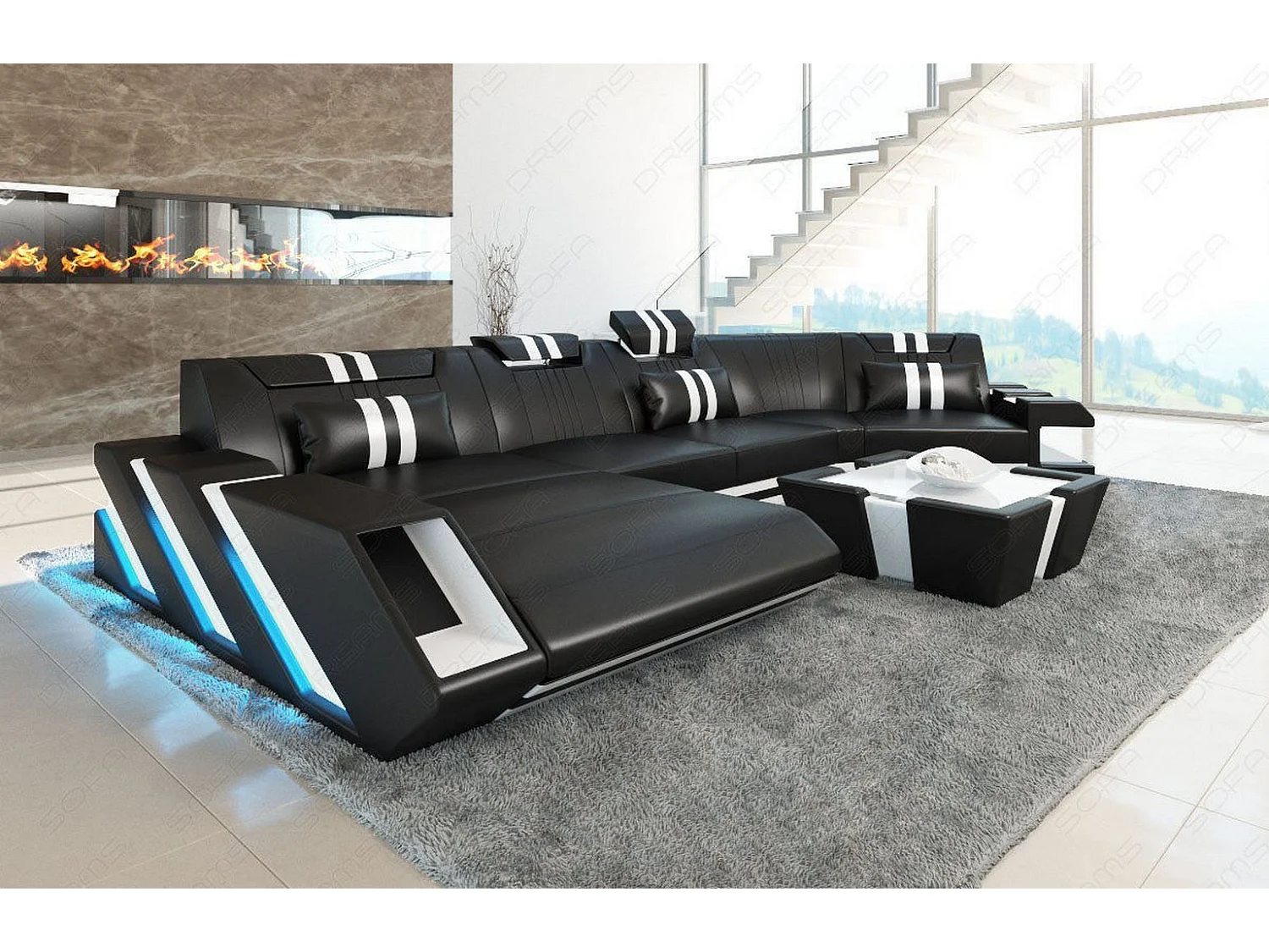 Ledersofa Apollonia C Form Premium Kunstleder Schwarz Weiß Links