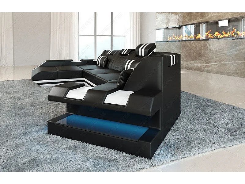 Ledersofa Apollonia C Form Premium Kunstleder Schwarz Weiß Links