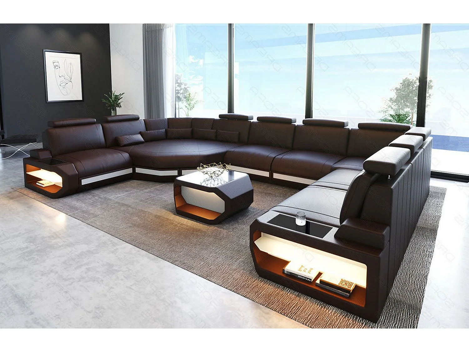 Sofa Asti U Leder Kunstleder Braun Weiß Rechts