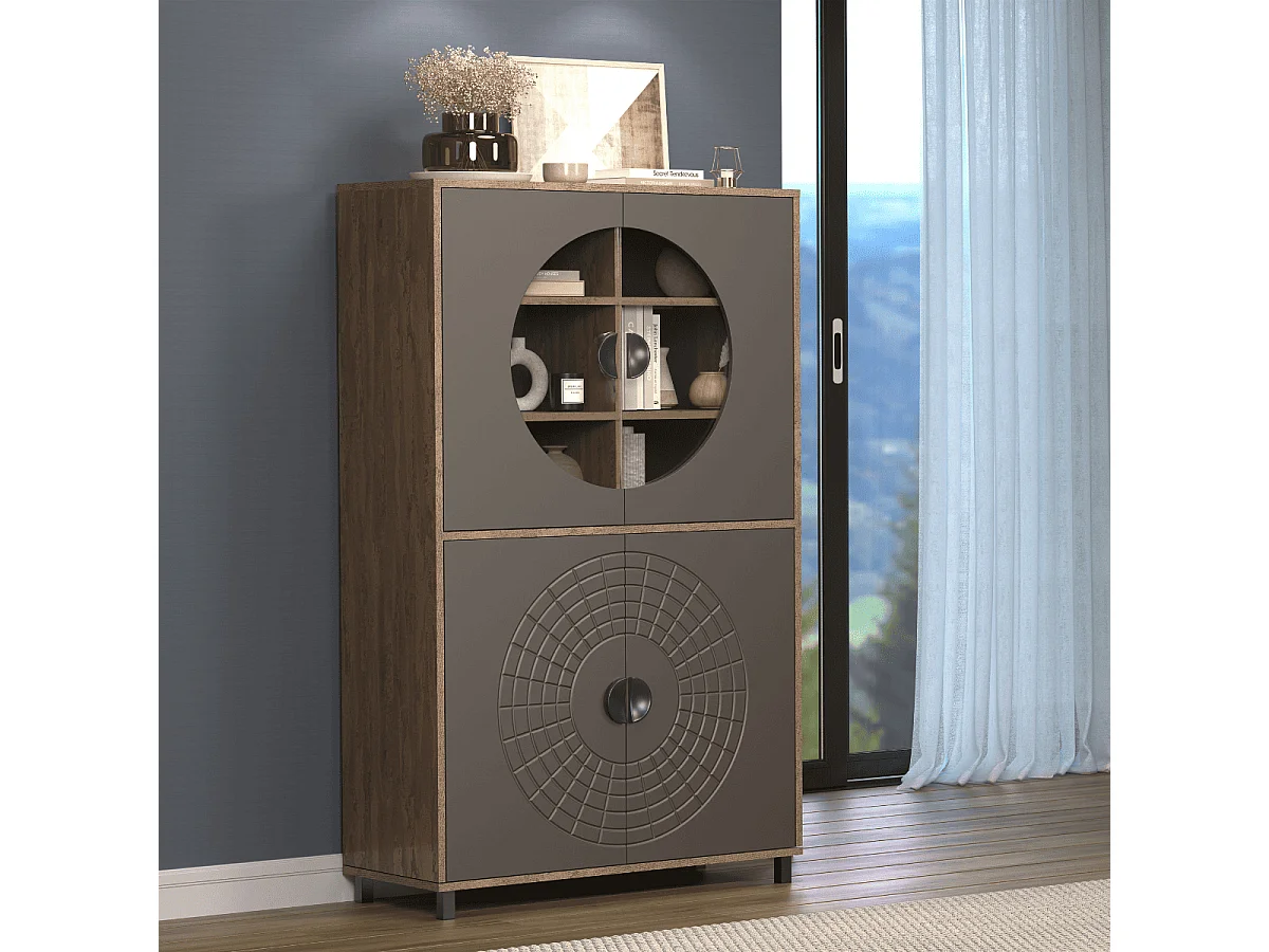 Buffet haut 4 portes dont 2 avec verre trempé H163 cm - FUSION