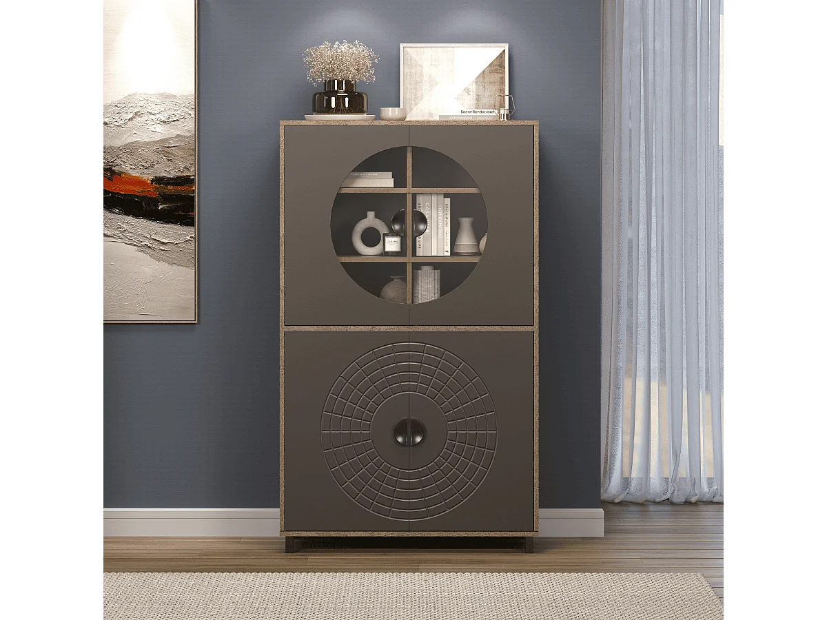 Buffet haut 4 portes dont 2 avec verre trempé H163 cm - FUSION