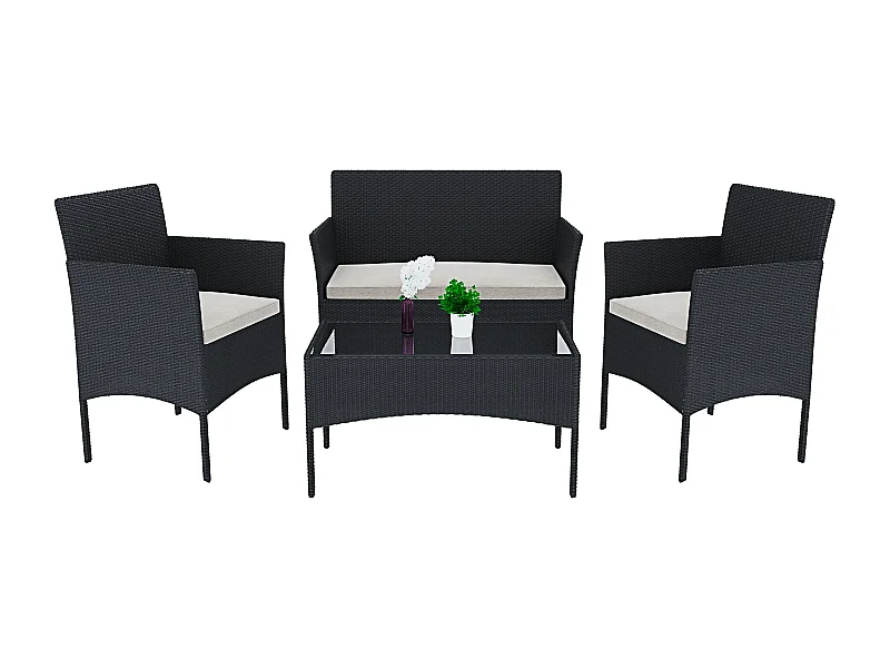 Set Di Mobili da Giardino Salotto Salottino in Rattan 4 Posti con Tavolino Ripiano In Vetro 2 Poltrone e Divano 2 Posti Giardino Esterno Piscina Nero