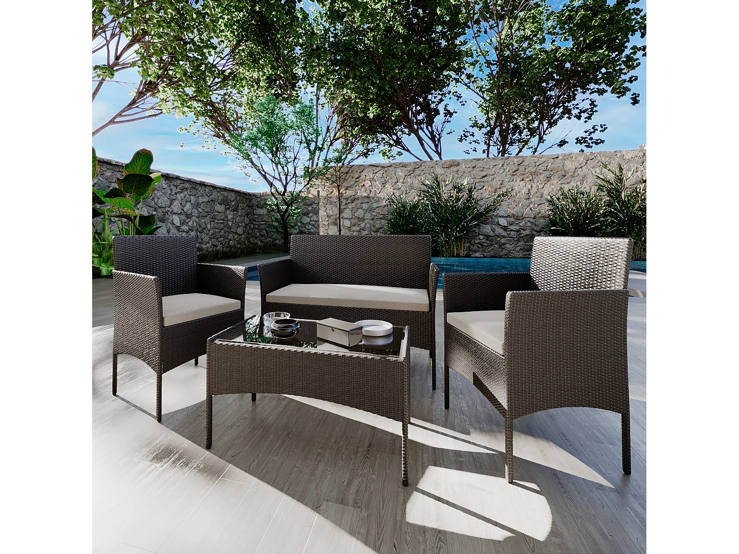 Set Di Mobili da Giardino Salotto Salottino in Rattan 4 Posti con Tavolino Ripiano In Vetro 2 Poltrone e Divano 2 Posti Giardino Esterno Piscina Nero