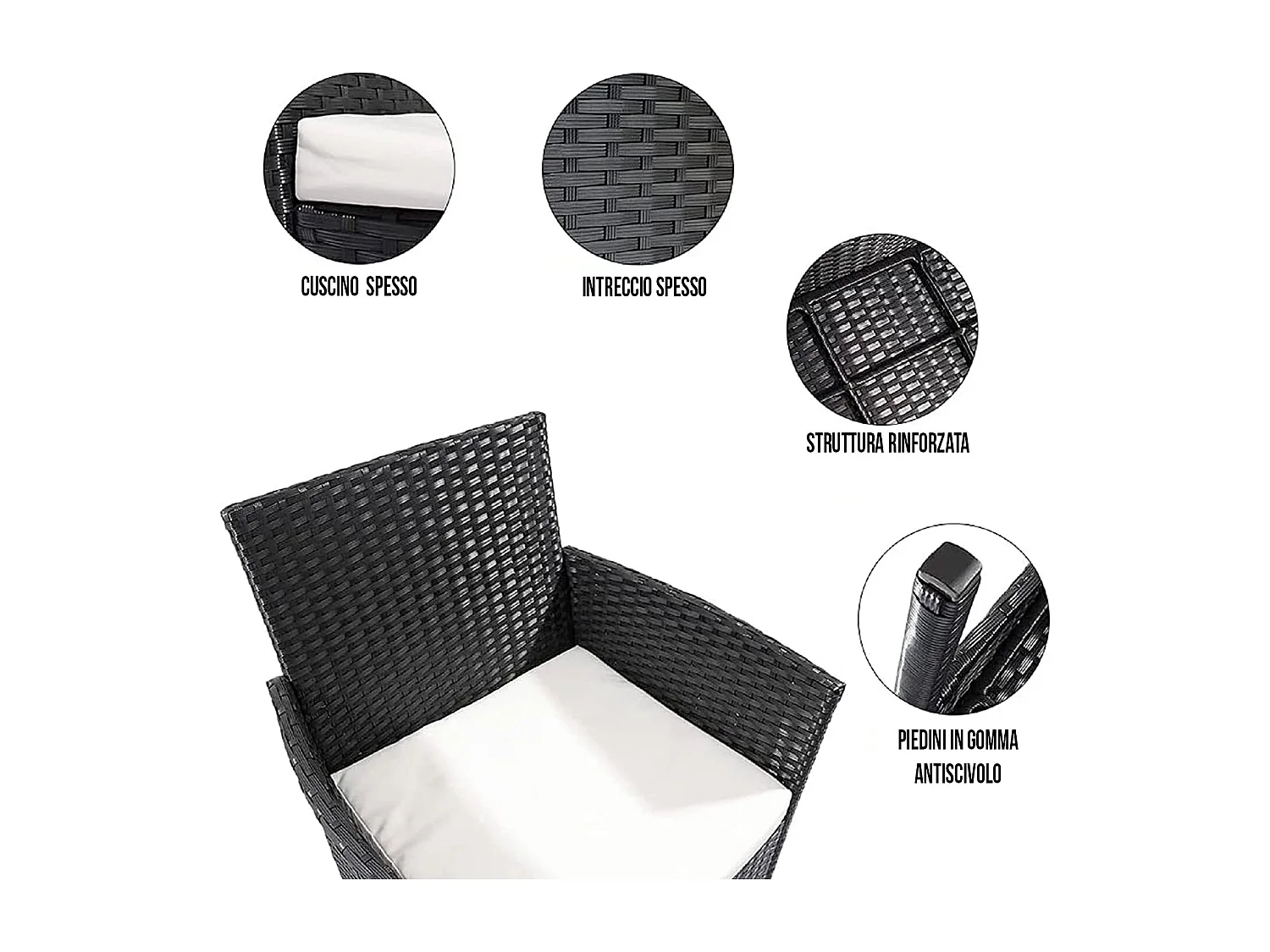 Set Di Mobili da Giardino Salotto Salottino in Rattan 4 Posti con Tavolino Ripiano In Vetro 2 Poltrone e Divano 2 Posti Giardino Esterno Piscina Nero