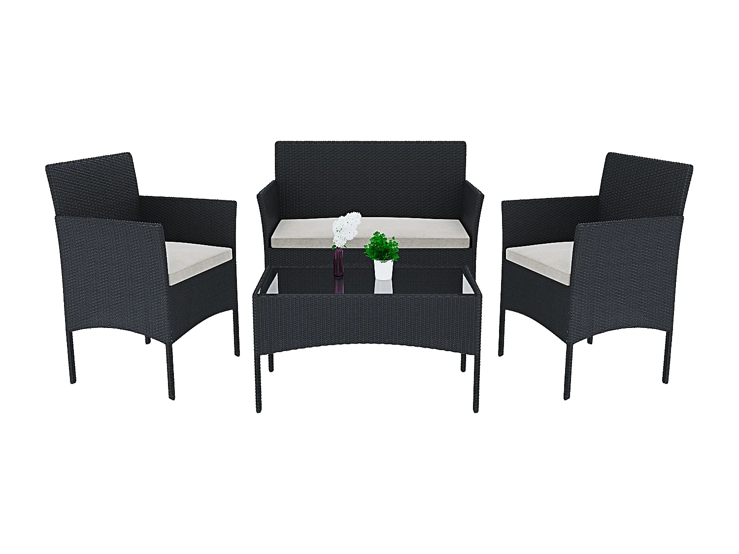 Set Di Mobili da Giardino Salotto Salottino in Rattan 4 Posti con Tavolino Ripiano In Vetro 2 Poltrone e Divano 2 Posti Giardino Esterno Piscina Nero