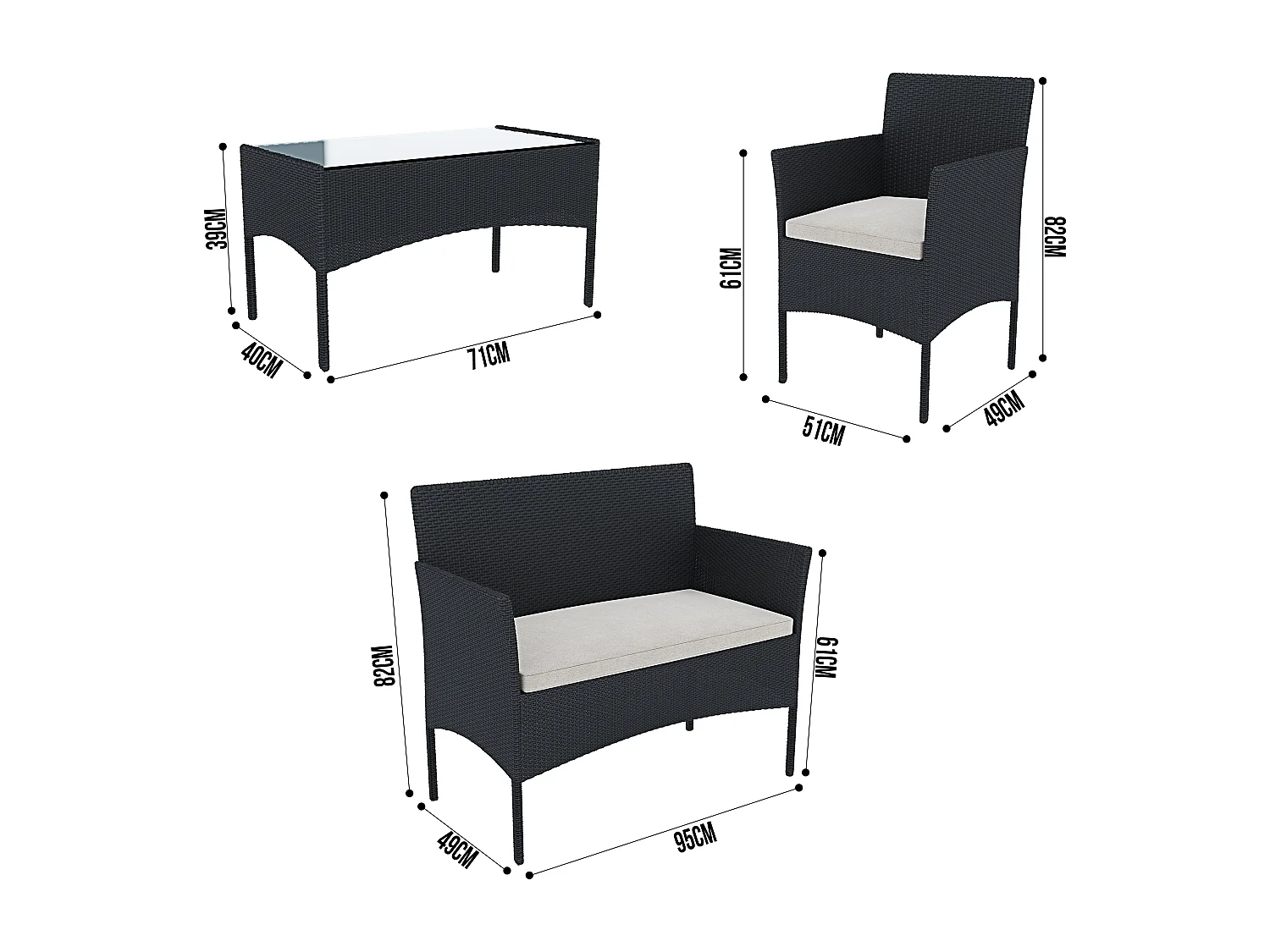 Set Di Mobili da Giardino Salotto Salottino in Rattan 4 Posti con Tavolino Ripiano In Vetro 2 Poltrone e Divano 2 Posti Giardino Esterno Piscina Nero