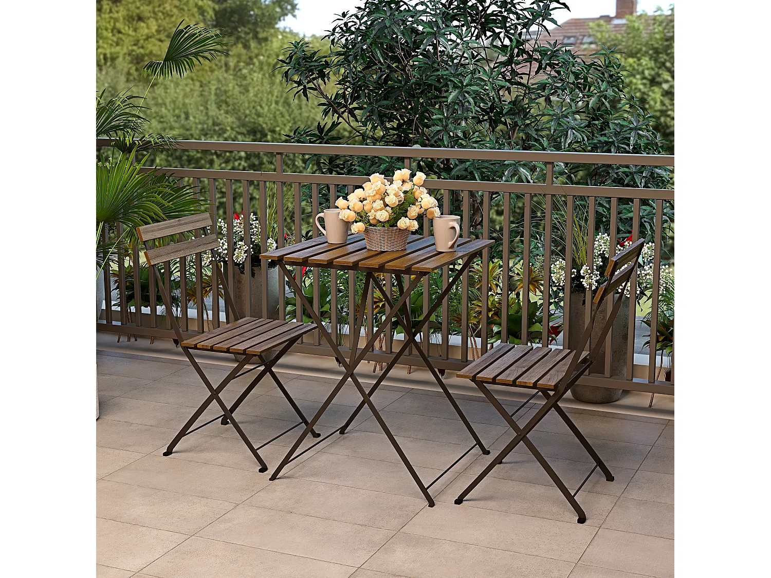 Set Bistrot 2 Sedie Tavolino Pieghevole Salvaspazio In Legno Di Acacia E Metallo Salottino Salotto Per Patio Giardino Balcone Veranda Esterno Marrone