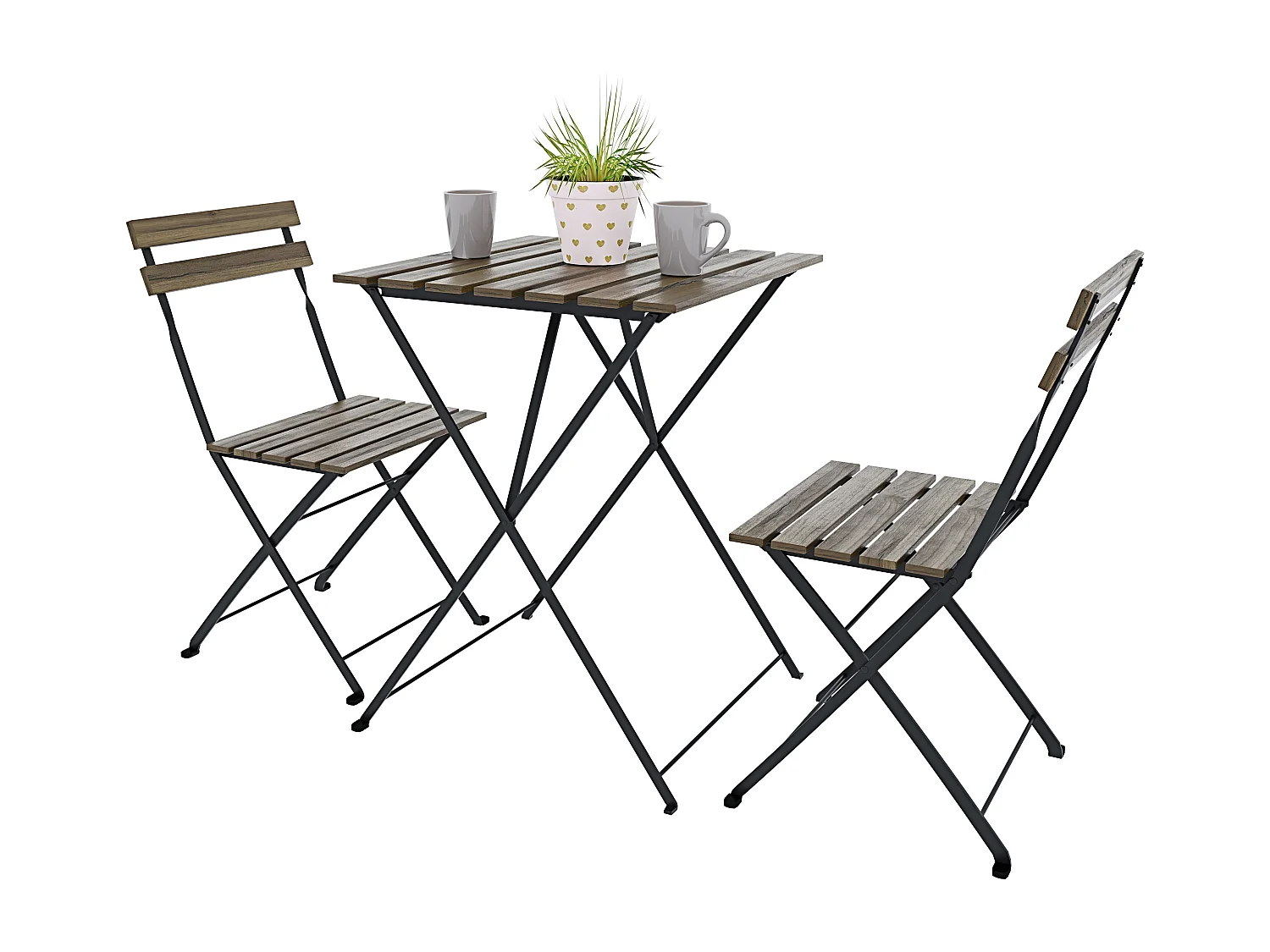 Set Bistrot 2 Sedie Con Tavolino Pieghevole Salvaspazio Legno Acacia Metallo Salottino Salotto Per Patio Giardino Balcone Veranda Esterno Piscina Terrazzo Marrone