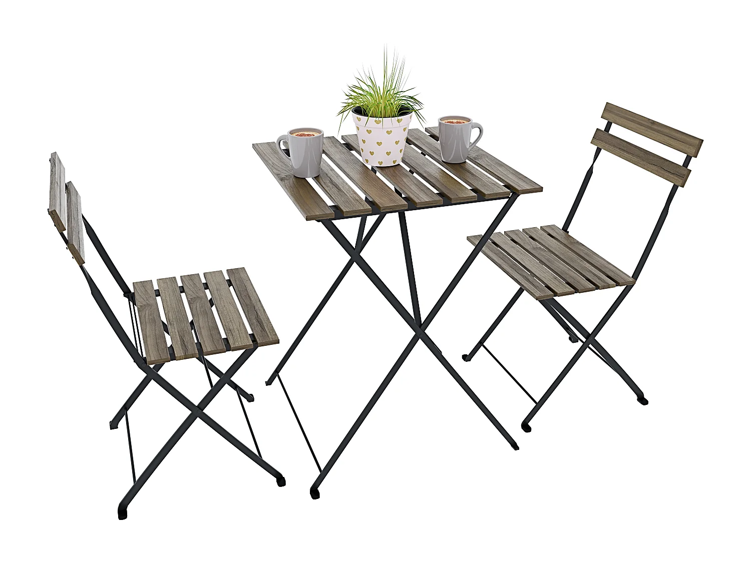 Set Bistrot 2 Sedie Con Tavolino Pieghevole Salvaspazio Legno Acacia Metallo Salottino Salotto Per Patio Giardino Balcone Veranda Esterno Piscina Terrazzo Marrone