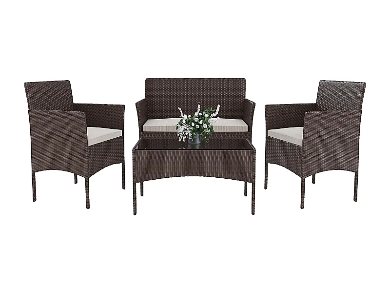 Arreditaly Set Di Mobili da Giardino Salotto Salottino in Rattan 4 Posti Tavolino E Ripiano In Vetro 2 Poltrone e Divano 2 Posti Per Giardino Brown