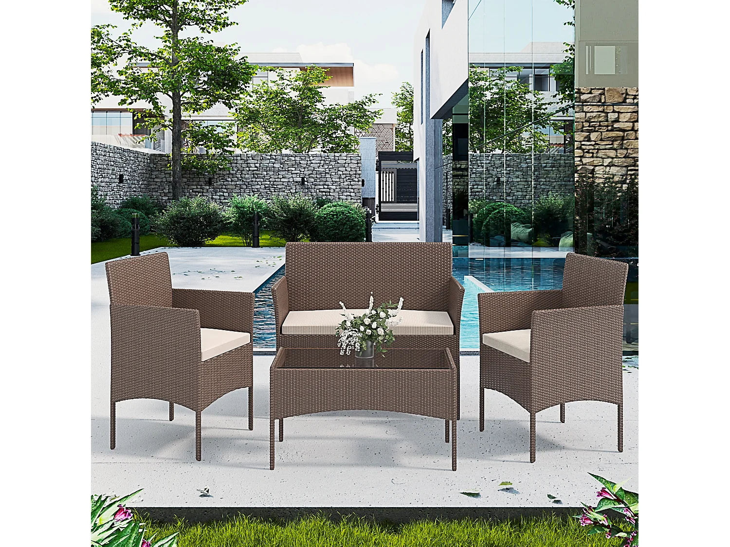 Arreditaly Set Di Mobili da Giardino Salotto Salottino in Rattan 4 Posti Tavolino E Ripiano In Vetro 2 Poltrone e Divano 2 Posti Per Giardino Brown