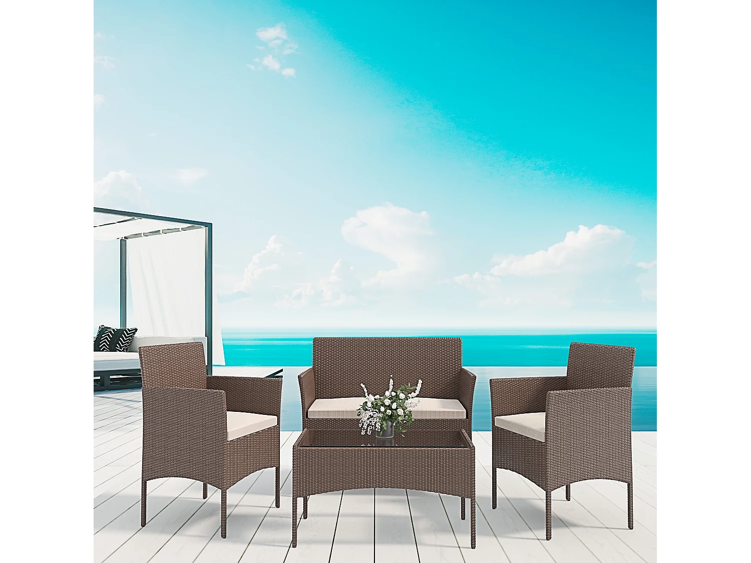 Arreditaly Set Di Mobili da Giardino Salotto Salottino in Rattan 4 Posti Tavolino E Ripiano In Vetro 2 Poltrone e Divano 2 Posti Per Giardino Brown