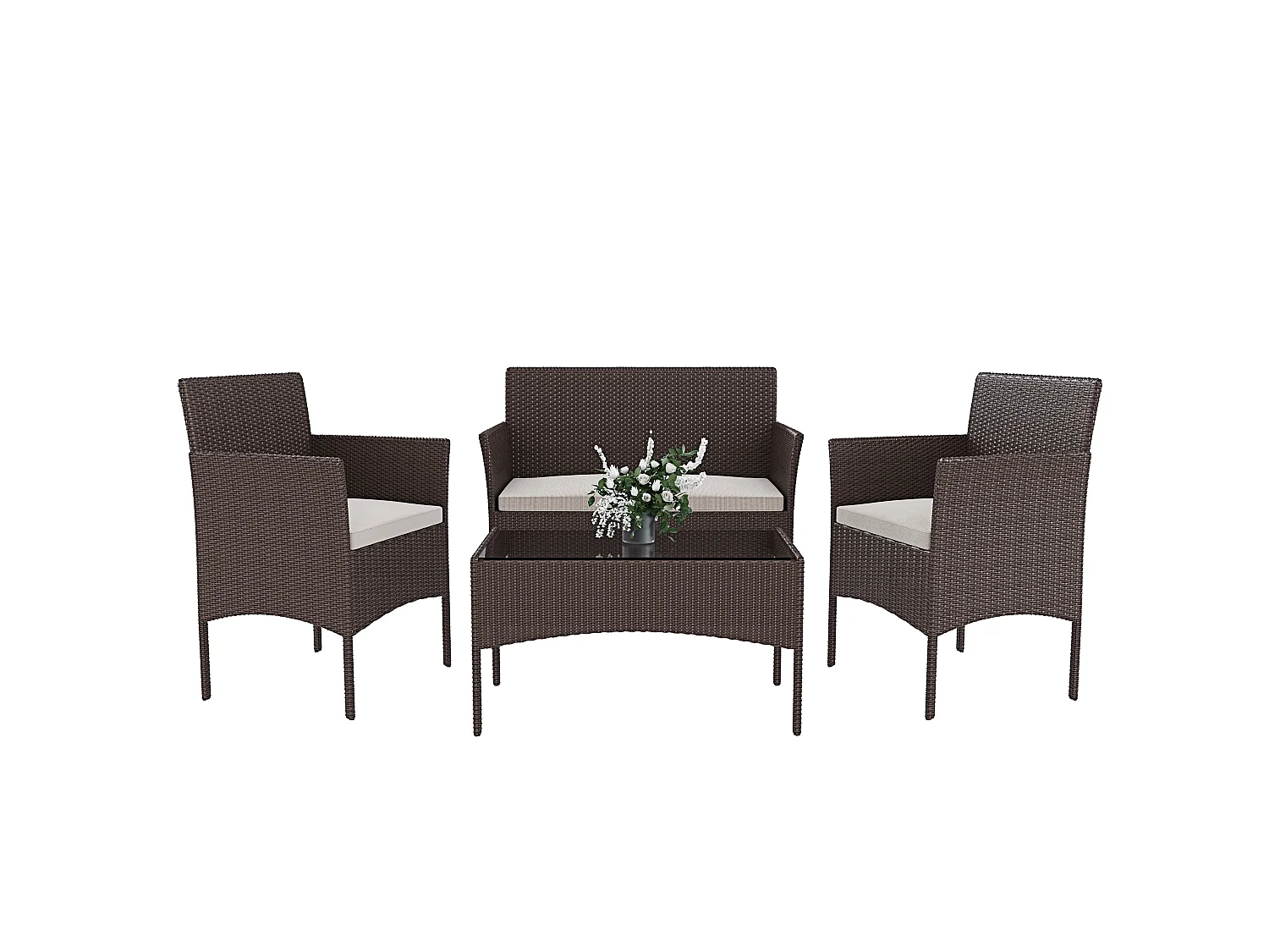 Arreditaly Set Di Mobili da Giardino Salotto Salottino in Rattan 4 Posti Tavolino E Ripiano In Vetro 2 Poltrone e Divano 2 Posti Per Giardino Brown