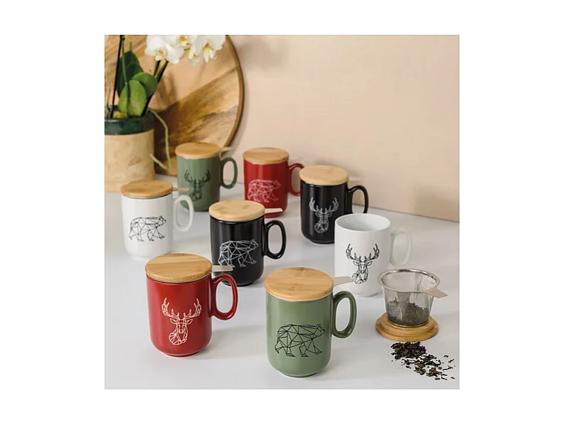 Tisanière Origami Cerf Kaki 450ml avec Infuseur à Thé Amovible et Couvercle en Bois