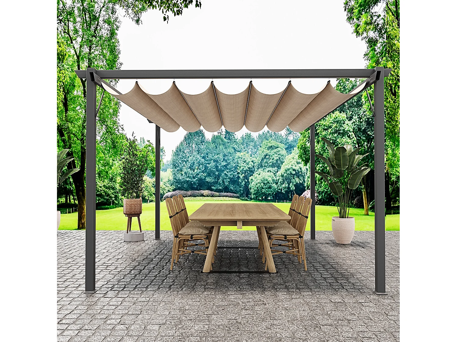 Gazebo Pergola 3 x 3 M Pergolato Con Telo Beige Impermeabile Retrattile Richiudibile Struttura In Acciaio Per Giardino Terrazzo Piscina Esterno Fiere