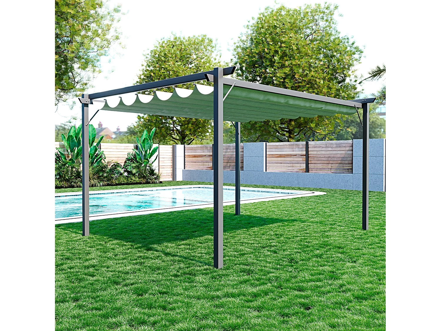 Gazebo Pergola 3 x 3 M Pergolato Con Telo Beige Impermeabile Retrattile Richiudibile Struttura In Acciaio Per Giardino Terrazzo Piscina Esterno Fiere