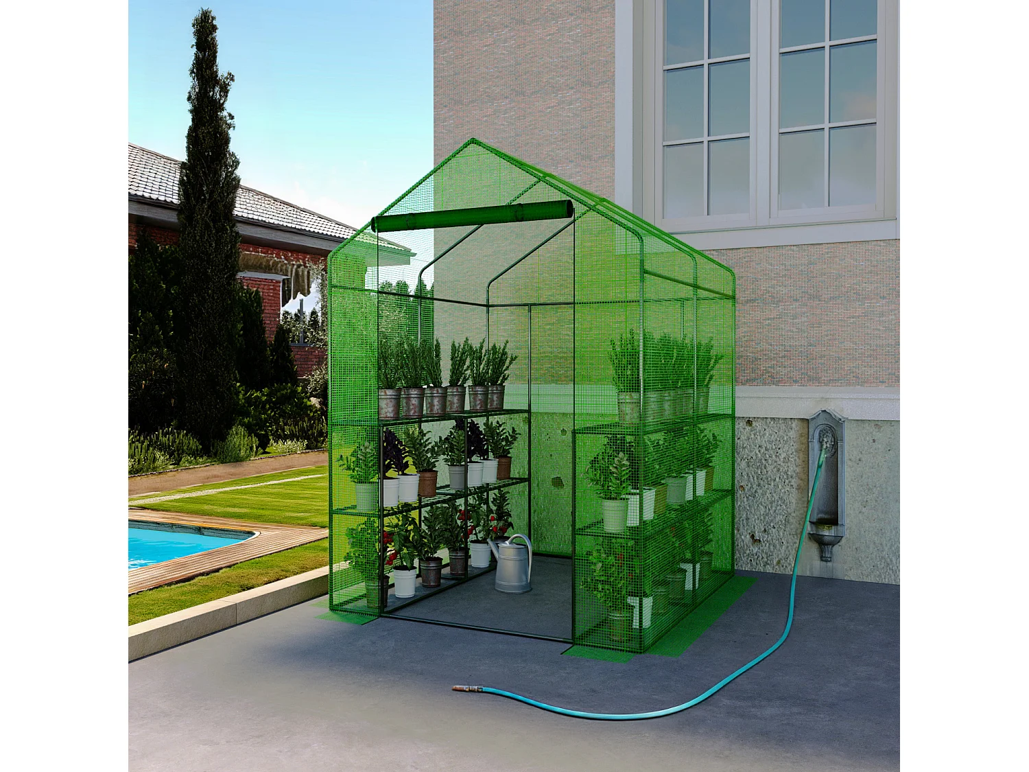 Serra Da Giardino Con 8 Scaffali Ripiani Per Piante Orto Telaio In Acciaio Verniciato Telo In PE Verde Porta Avvolgibile 143 x 138 x 190 Cm