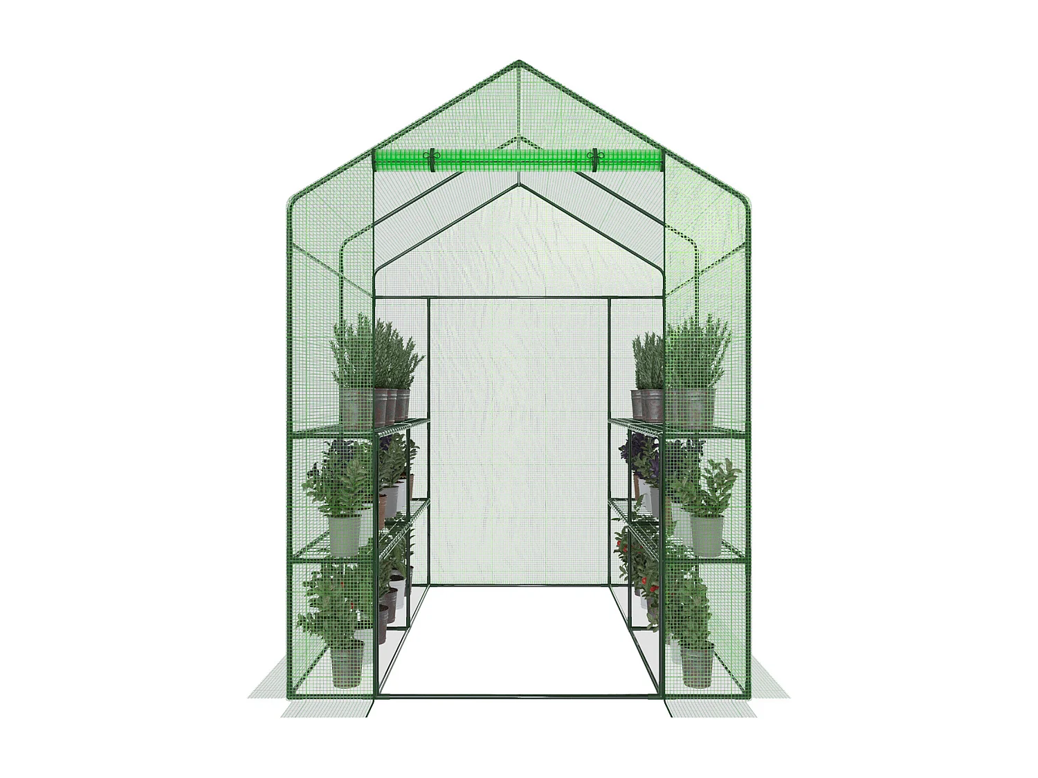 Serra Da Giardino Con 8 Scaffali Ripiani Per Piante Orto Telaio In Acciaio Verniciato Telo In PE Verde Porta Avvolgibile 143 x 138 x 190 Cm