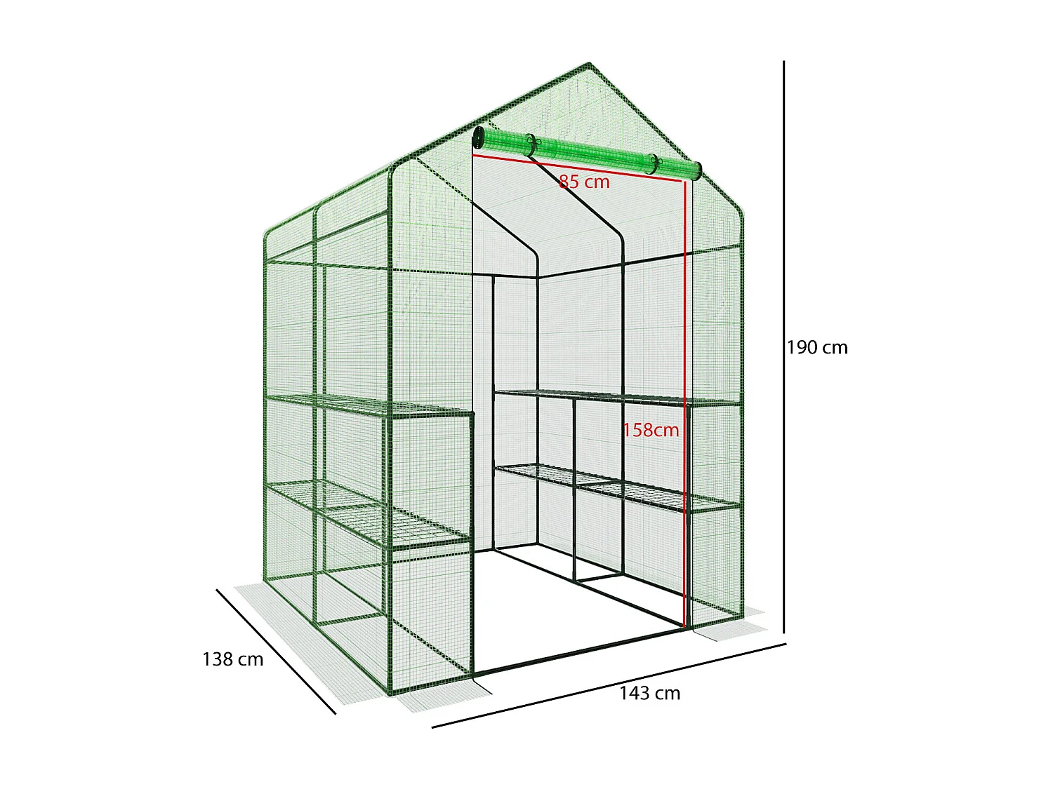 Serra Da Giardino Con 8 Scaffali Ripiani Per Piante Orto Telaio In Acciaio Verniciato Telo In PE Verde Porta Avvolgibile 143 x 138 x 190 Cm
