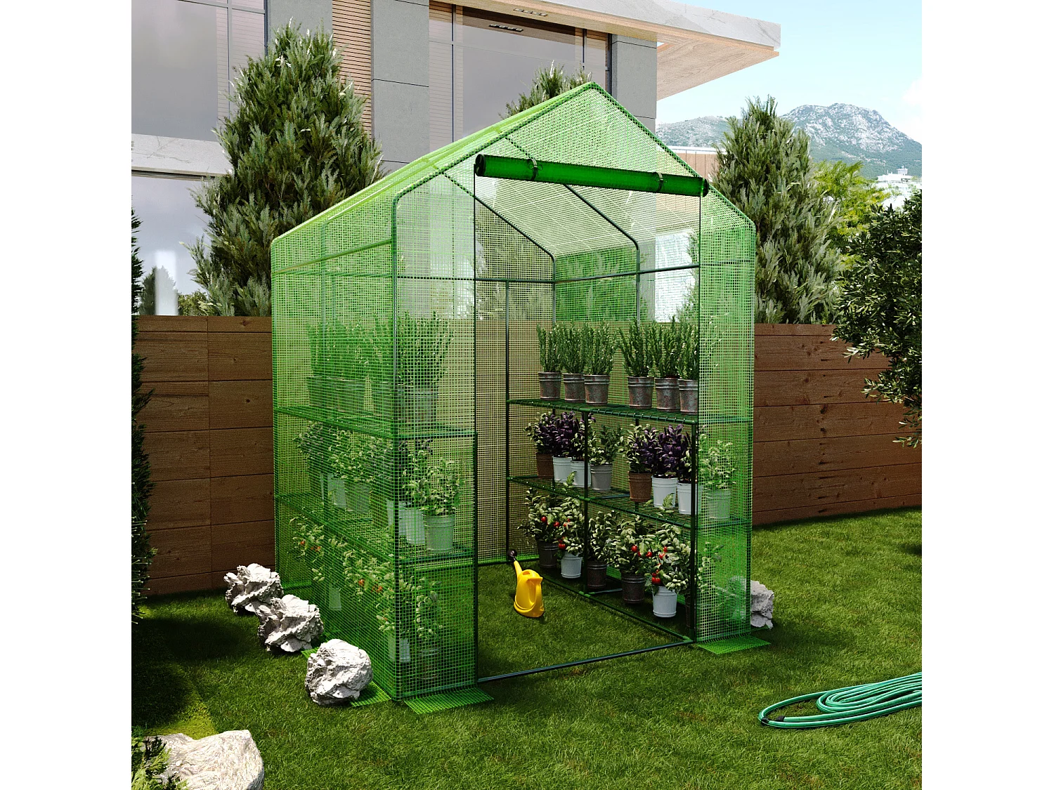 Serra Da Giardino Con 8 Scaffali Ripiani Per Piante Orto Telaio In Acciaio Verniciato Telo In PE Verde Porta Avvolgibile 143 x 138 x 190 Cm