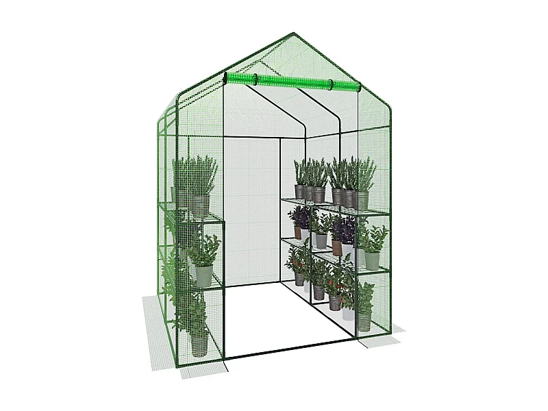 Serra Da Giardino Con 8 Scaffali Ripiani Per Piante Orto Telaio In Acciaio Verniciato Telo In PE Verde Porta Avvolgibile 143 x 138 x 190 Cm