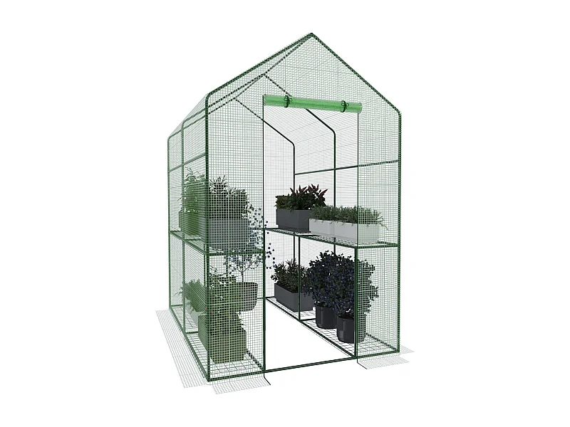 Serra Da Giardino Per Orto Con 4 Ripiani In Metallo Telaio In Acciaio Telo Retinato In Propilene Trasparente Porta Avvolgibile 186x120x190 Cm