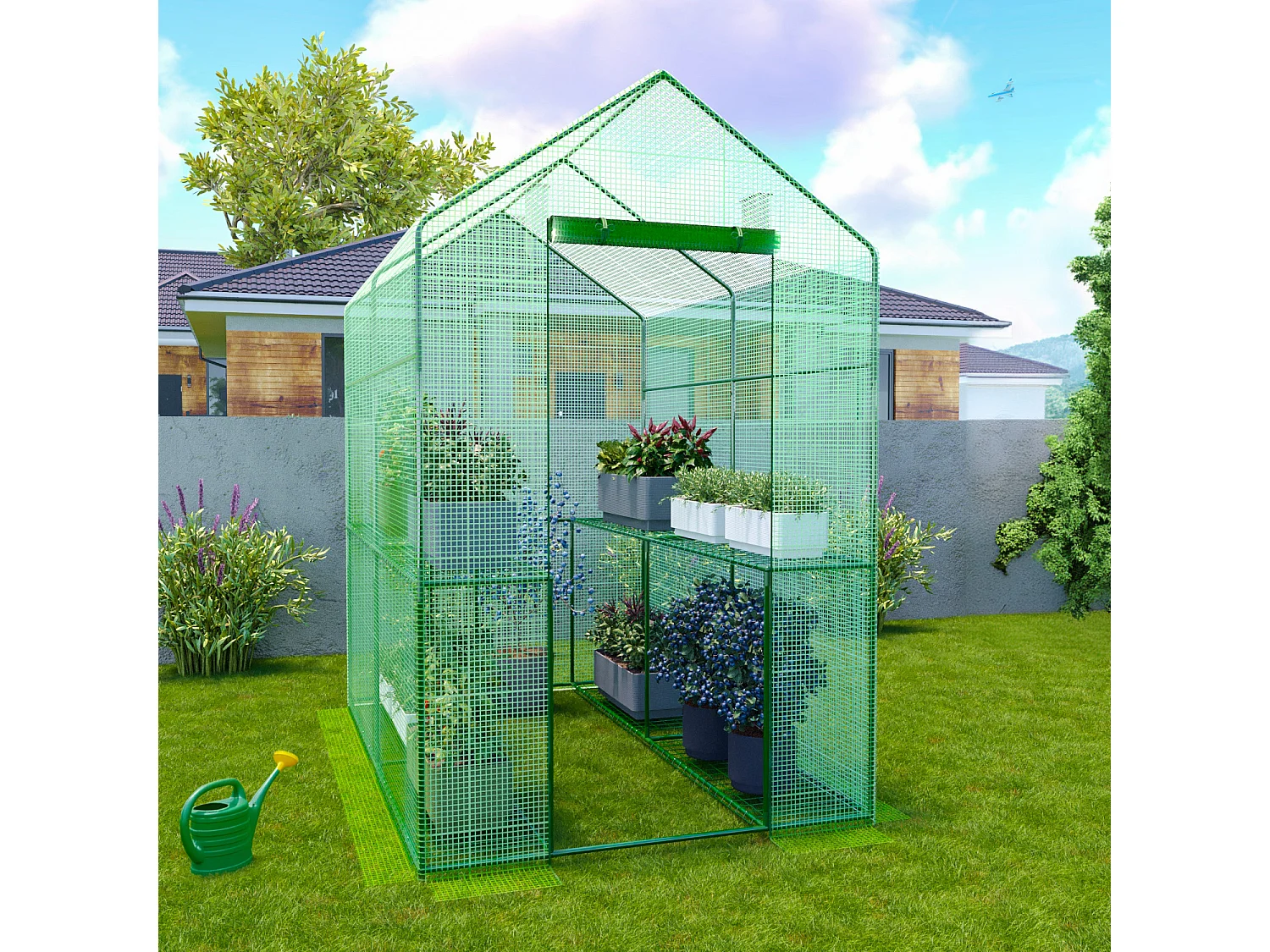 Serra Da Giardino Per Orto Con 4 Ripiani In Metallo Telaio In Acciaio Telo Retinato In Propilene Trasparente Porta Avvolgibile Apertura A Cerniera 186x120x190 Cm