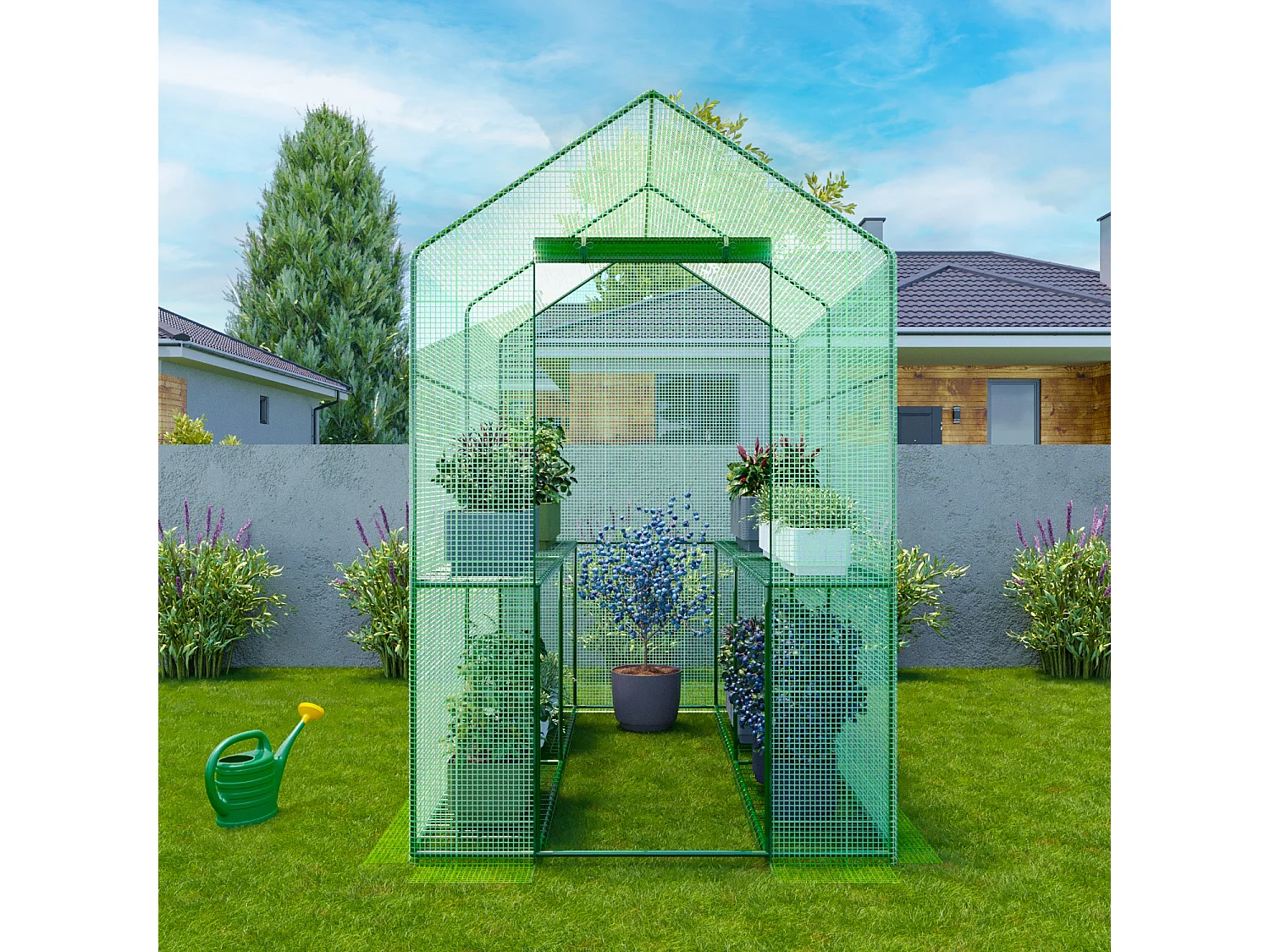 Serra Da Giardino Per Orto Con 4 Ripiani In Metallo Telaio In Acciaio Telo Retinato In Propilene Trasparente Porta Avvolgibile Apertura A Cerniera 186x120x190 Cm